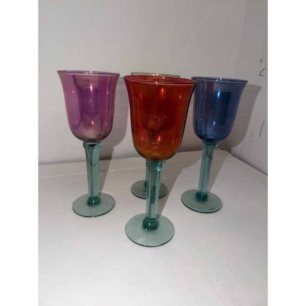 Vintage Jewel Tone Iridescent Wine Goblets 4 Mixed Colors Teal Stems 9.75" - Picture 2 of 8